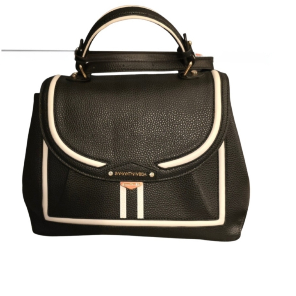 Samantha Vega B+W Faux Leather Structured Satchel Crossbody Bag Tennis Lining
